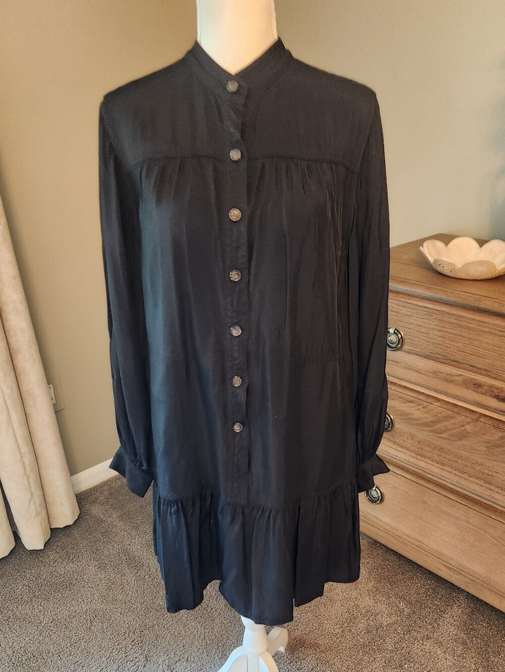 Banana Republic Black Long-Sleeve Button Front Tiered Dress